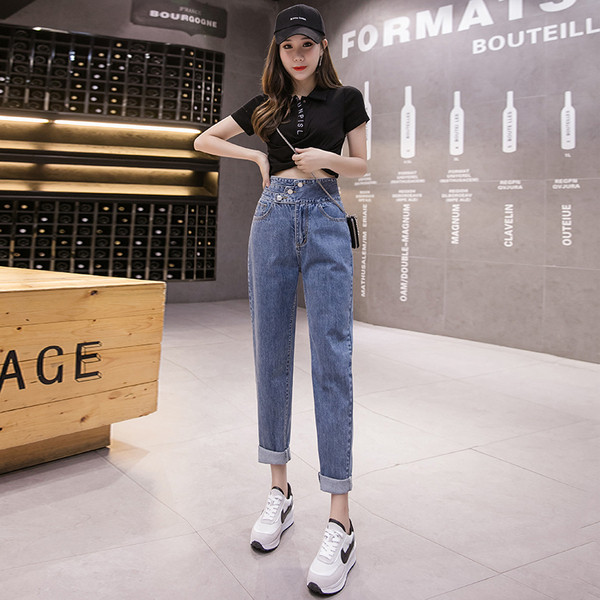 Blugi lungi de damă moderni cu talie înaltă - în albastru