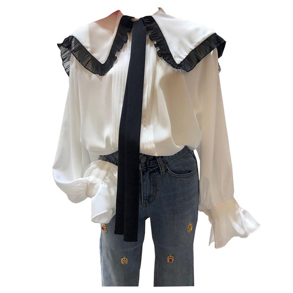 Modern női ing széles ujjú fehér és rózsaszín színben