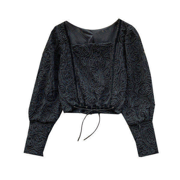 Modern női csipkeblúz négyzet alakú nyakkivágással, megkötővel fehér és fekete színben