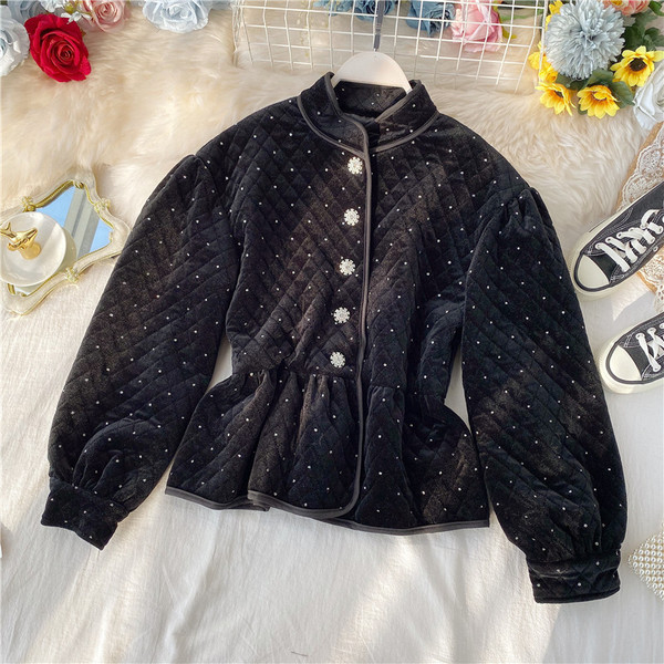 Modern női bársony kabát fekete színű gombokkal