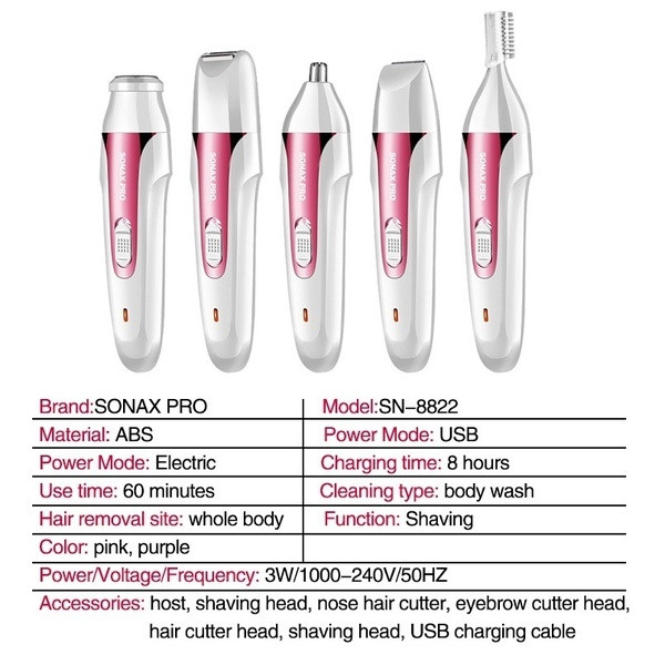 Elektromos vízálló epilátor öt csatlakozóval az arc és a test különböző részeihez lila és rózsaszín színben
