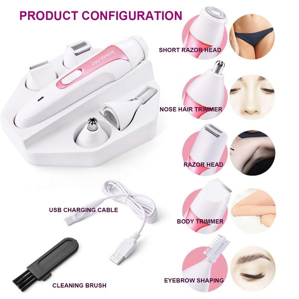 Elektromos vízálló epilátor öt csatlakozóval az arc és a test különböző részeihez lila és rózsaszín színben