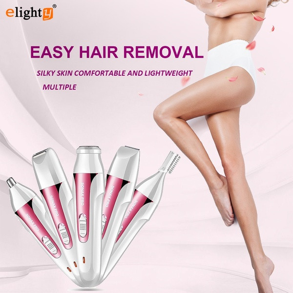Elektromos vízálló epilátor öt csatlakozóval az arc és a test különböző részeihez lila és rózsaszín színben