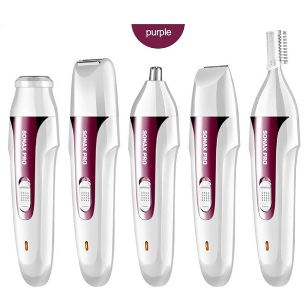 Elektromos vízálló epilátor öt csatlakozóval az arc és a test különböző részeihez lila és rózsaszín színben