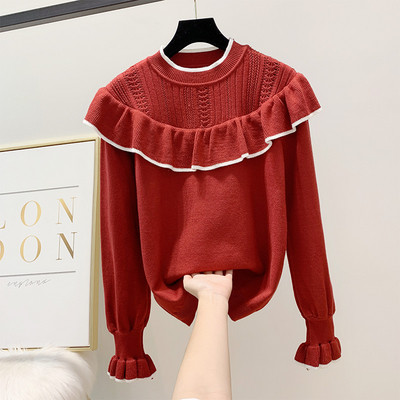 Modern női pulóver kerek nyakkivágással bézs, fekete és piros színben