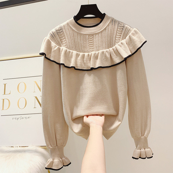 Modern női pulóver kerek nyakkivágással bézs, fekete és piros színben