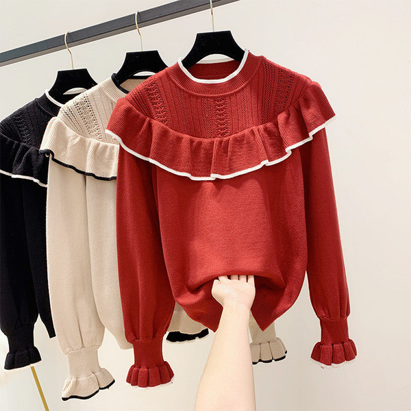 Modern női pulóver kerek nyakkivágással bézs, fekete és piros színben