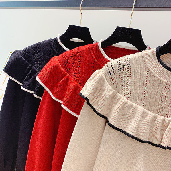 Modern női pulóver kerek nyakkivágással bézs, fekete és piros színben