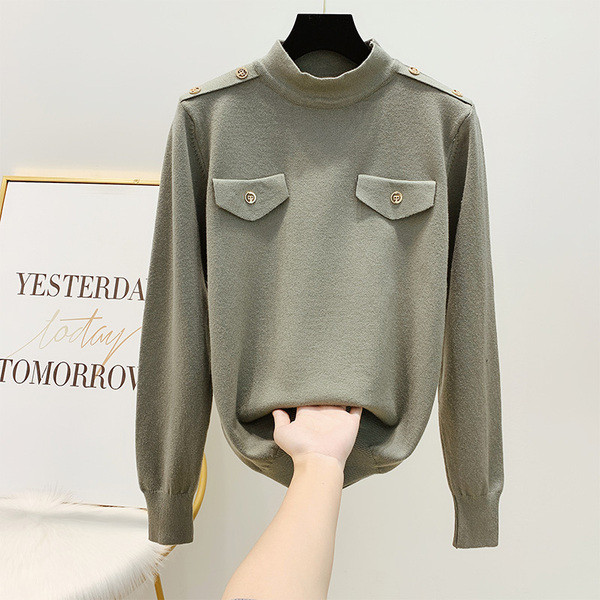 Pulover de dama cu decor metalic si guler polo in patru culori