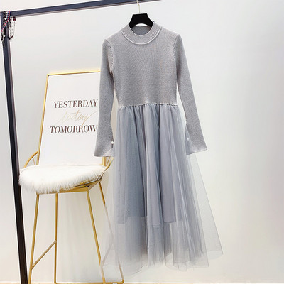 Modern női ruha kerek nyakkivágással és tüllel három színben