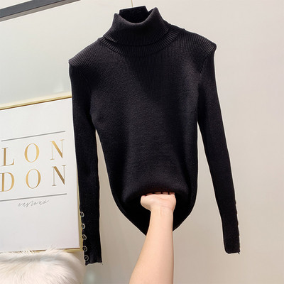 Μοντέρνο γυναικείο πουλόβερ με υψηλό κολάρο πόλο και κουμπιά στα μανίκια