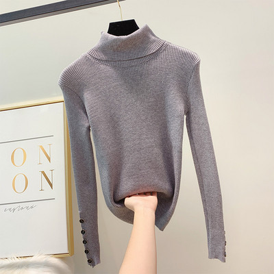 Μοντέρνο γυναικείο πουλόβερ με υψηλό κολάρο πόλο και κουμπιά στα μανίκια