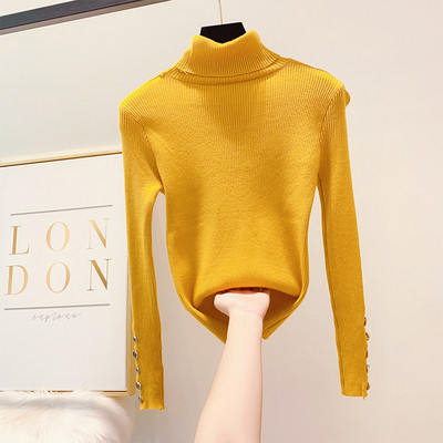 Μοντέρνο γυναικείο πουλόβερ με υψηλό κολάρο πόλο και κουμπιά στα μανίκια