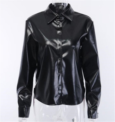 Stílusos női ing gombokkal, öko bőrből, fekete színben