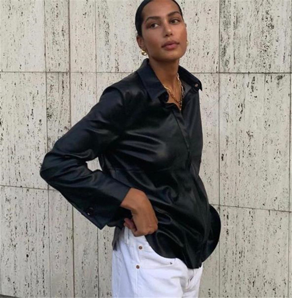 Stílusos női ing gombokkal, öko bőrből, fekete színben