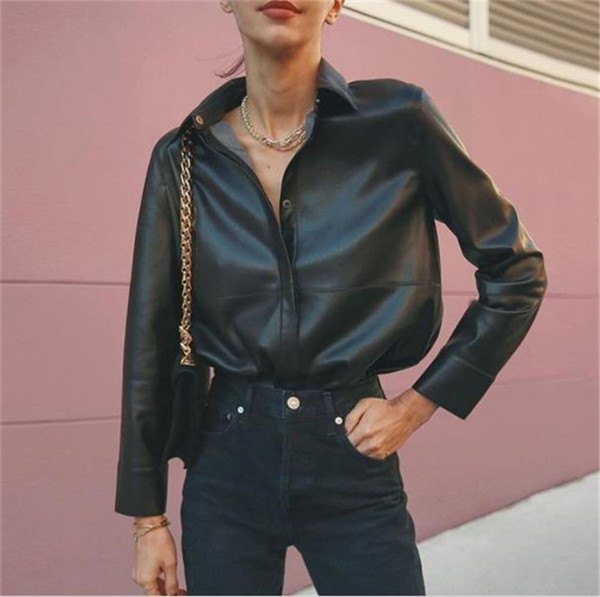 Stílusos női ing gombokkal, öko bőrből, fekete színben