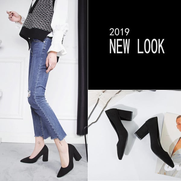 Μοντέρνα μαύρα σουέτ παπούτσια  σε μαύρο χρώμα με χοντρό τακούνι