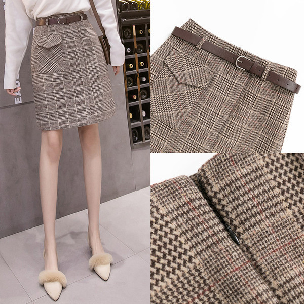 Modern női kockás szoknya övvel és zsebbel barna színben