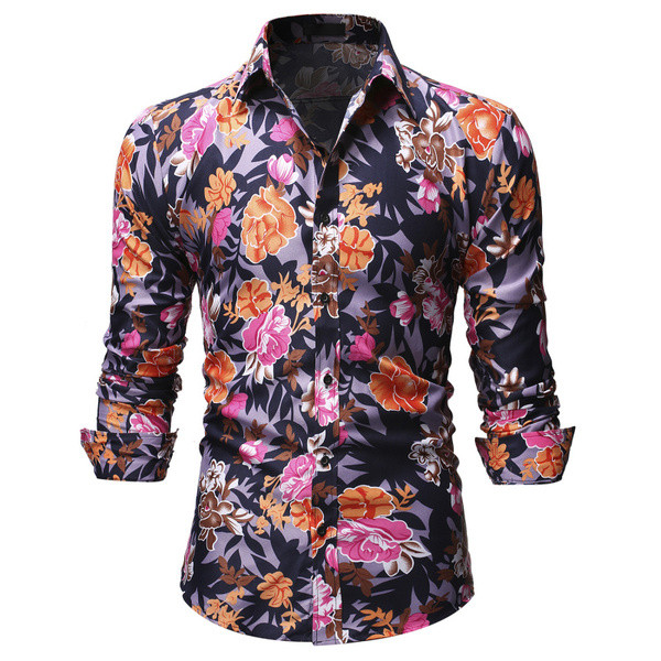 Színes férfi ing virágmintával és klasszikus gallérral