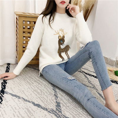 Pulover de damă din puf cu imprimeu și guler polo în mai multe culori