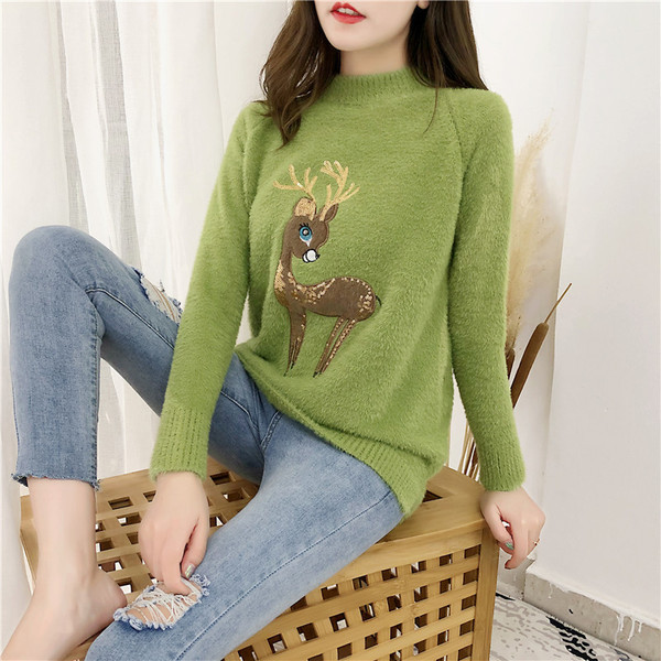 Pulover de damă din puf cu imprimeu și guler polo în mai multe culori