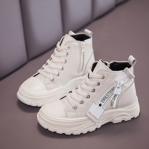 Tenisi moderni pentru copii pentru baieti cu fermoar si sireturi in alb si negru