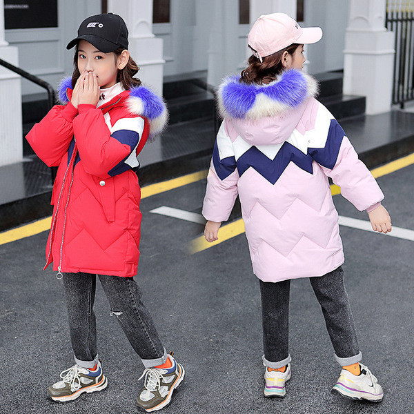 Új modell gyerek téli kabát kapucnis lányoknak rózsaszín, piros és narancs színben