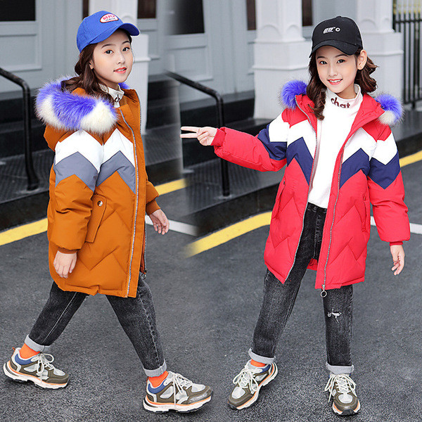 Új modell gyerek téli kabát kapucnis lányoknak rózsaszín, piros és narancs színben