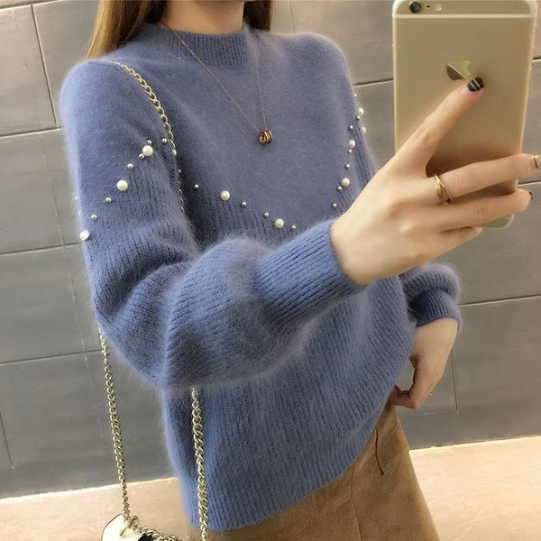 Χνουδωτό γυναικείο πουλόβερ με διακόσμηση πέρλες  σε διάφορα χρώματα