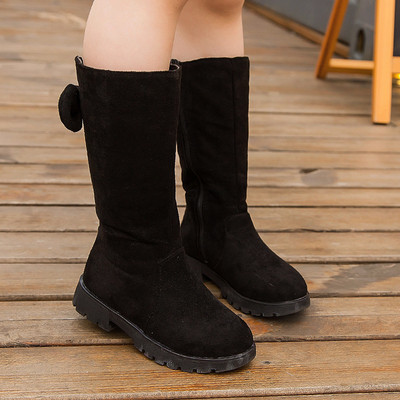 Cizme pentru copii elegante pentru fete din piele intoarsa ecologica cu panglica si fermoar in rosu, negru si maro