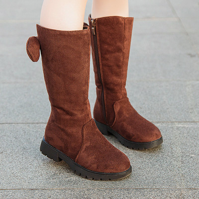 Cizme pentru copii elegante pentru fete din piele intoarsa ecologica cu panglica si fermoar in rosu, negru si maro