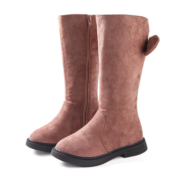 Cizme pentru copii elegante pentru fete din piele intoarsa ecologica cu panglica si fermoar in rosu, negru si maro