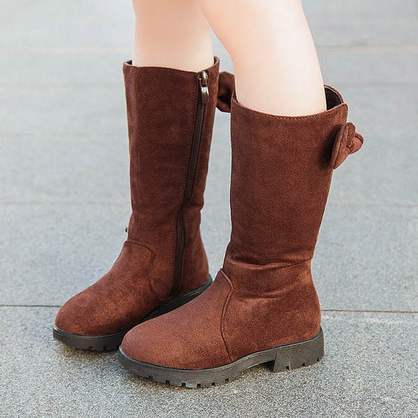 Cizme pentru copii elegante pentru fete din piele intoarsa ecologica cu panglica si fermoar in rosu, negru si maro