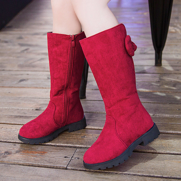 Cizme pentru copii elegante pentru fete din piele intoarsa ecologica cu panglica si fermoar in rosu, negru si maro