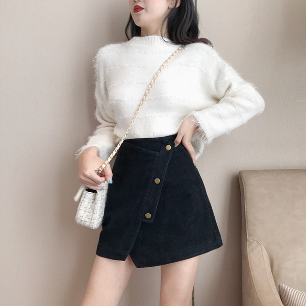 Női kordbársony aszimmetrikus szoknya gombokkal