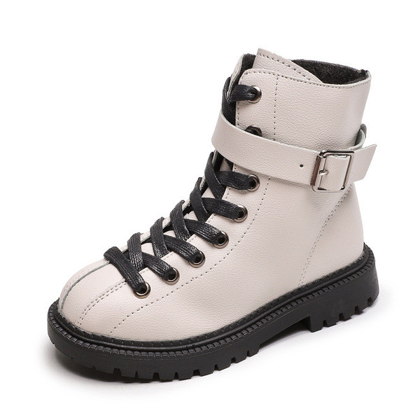 Alkalmi gyerekcsizma fűzővel és csattal fekete és bézs színben