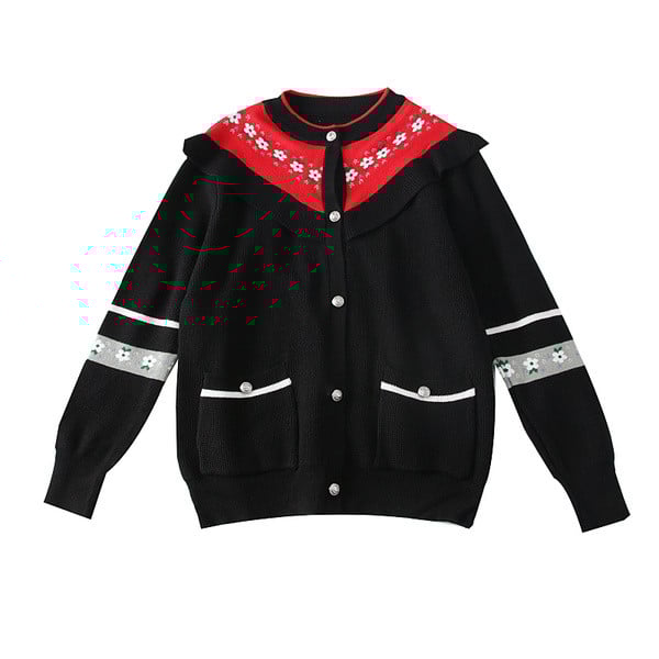 Cardigan casual de dama cu nasturi si motive florale in negru