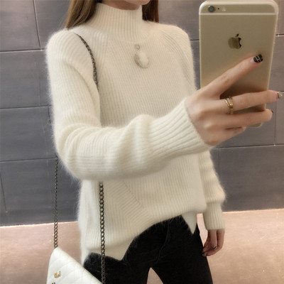 Pulover de iarnă de damă modern cu decor de puf și guler polo