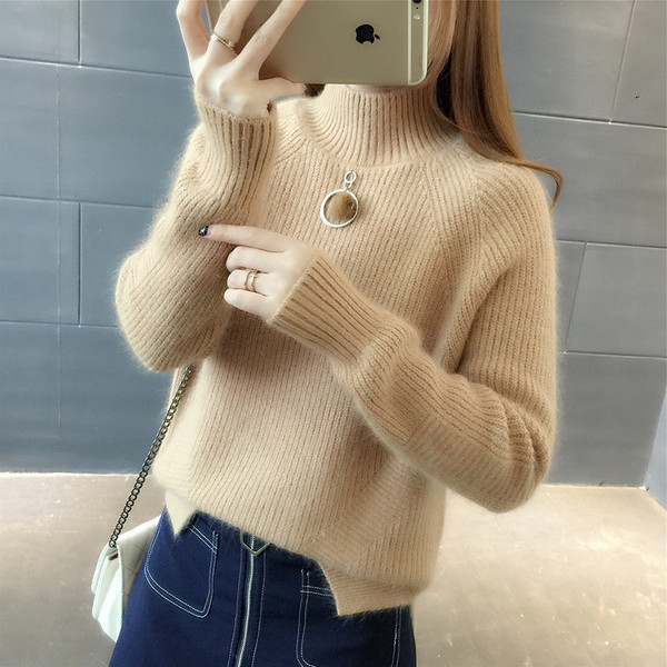 Pulover de iarnă de damă modern cu decor de puf și guler polo