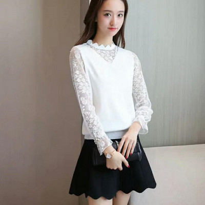 Μοντέρνο γυναικείο πουλόβερ με δαντέλα σε λευκό, μαύρο και μπεζ χρώμα