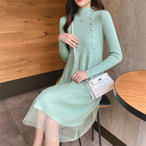 Új modell női ruha tüll és polo gallérral zöld, bézs és fekete színekben