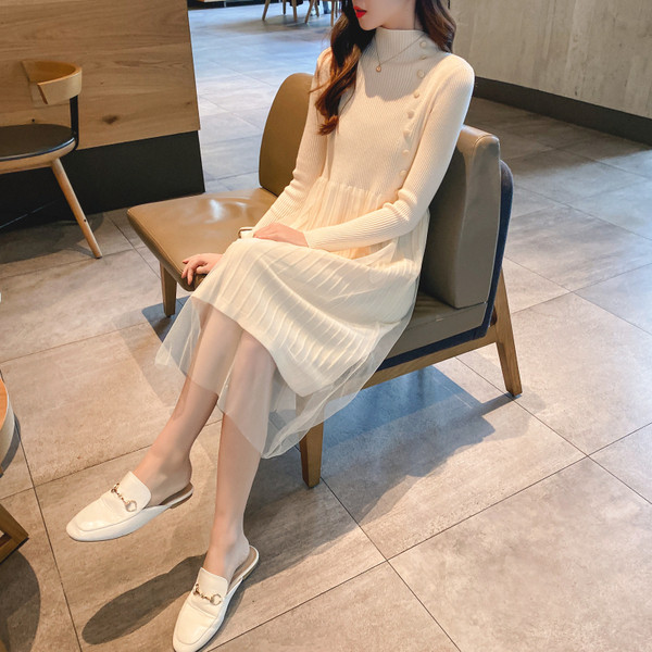 Új modell női ruha tüll és polo gallérral zöld, bézs és fekete színekben