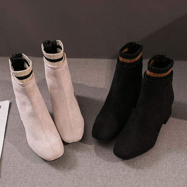 Női csizma vastag sarokkal, öko velúrból, fekete és bézs színben