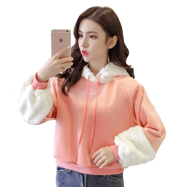 Νέο μοντέλο γυναικείο καθημερινό φούτερ με κουκούλα σε ροζ και μπεζ χρώμα