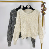 Γυναικείο πουλόβερ με χάντρες σε μπεζ και γκρι χρώμα
