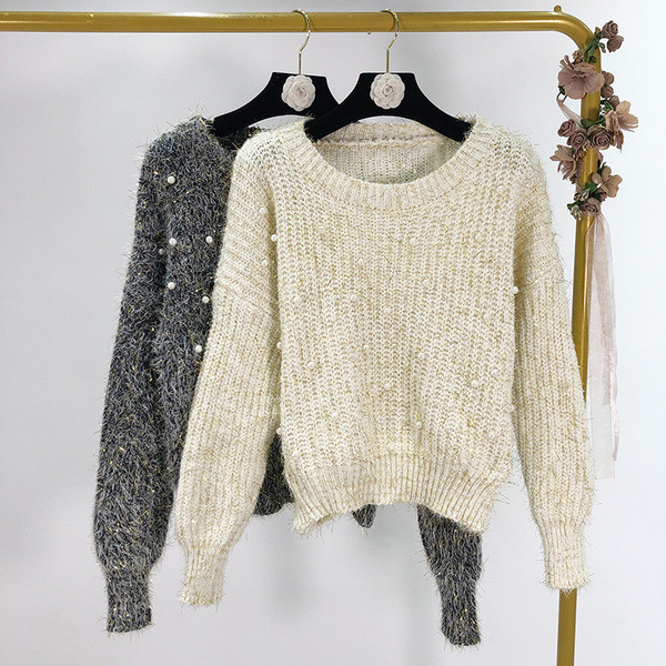 Γυναικείο πουλόβερ με χάντρες σε μπεζ και γκρι χρώμα