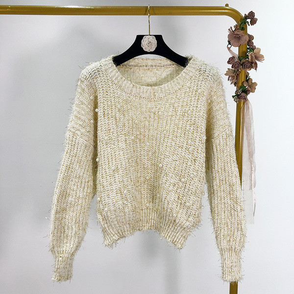 Γυναικείο πουλόβερ με χάντρες σε μπεζ και γκρι χρώμα