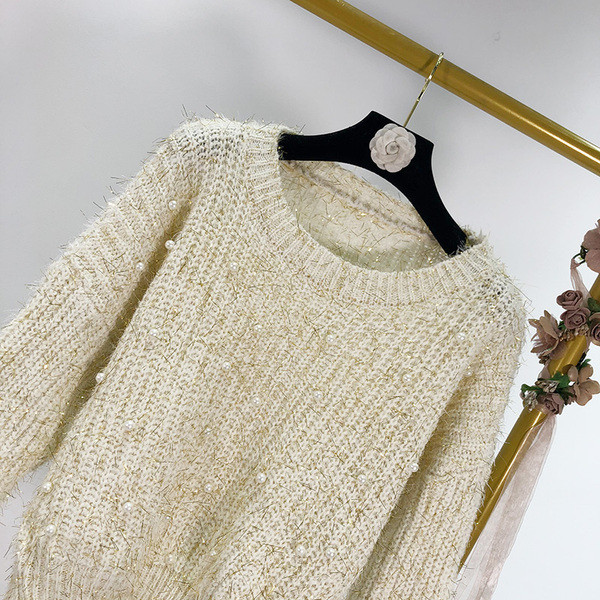 Γυναικείο πουλόβερ με χάντρες σε μπεζ και γκρι χρώμα