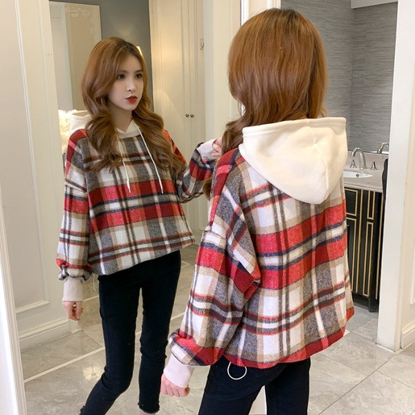 Μοντέρνο καρό γυναικείο  φούτερ σε κόκκινο, πράσινο και καφέ χρώμα