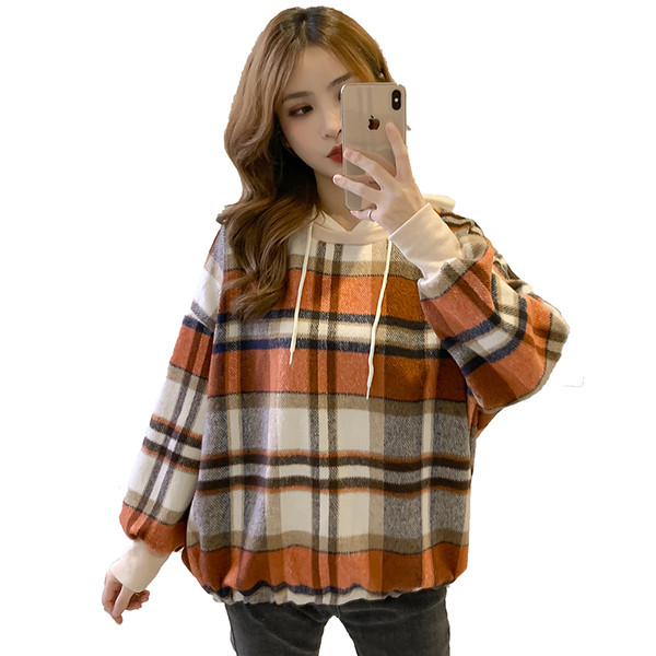 Μοντέρνο καρό γυναικείο  φούτερ σε κόκκινο, πράσινο και καφέ χρώμα